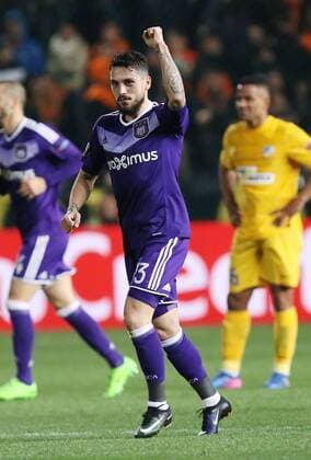 (170310) -- NICOSIA, March 9, 2017 -- Anderlecht s Nicolae Stanciu celebrates scoring during the Europa League Round of 16 first leg match between Anderlecht and APOEL in Nicosia, Cyprus, on March 9, 2017. Anderlecht won 1-0.) (SP)CYPRUS-NICOSIA-SOCCER-UEFA-EUROPA LEAGUE SakisxSavvides 