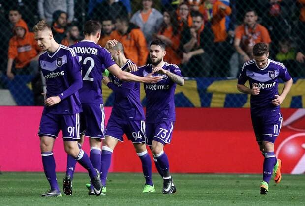 (170310) -- NICOSIA, March 9, 2017 -- Nicolae Stanciu (2nd R) of Anderlecht celebrates scoring with teammates during the Europa League Round of 16 first leg match between Anderlecht and APOEL in Nicosia, Cyprus, on March 9, 2017. Anderlecht won 1-0.) (SP)CYPRUS-NICOSIA-SOCCER-UEFA-EUROPA LEAGUE SakisxSavvides 