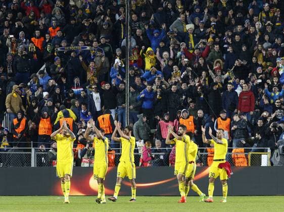 ROSTOV-ON-DON, RUSSIA - MARCH 9, 2017: FC Rostov s players greet fans after Leg 1 of their 2016-17 UEFA Europa League Round of 16 football match against FC Manchester United ManU at Olimp-2 Stadium. The game ended in a 1-1 draw. Valery Matytsin TASS  TS043C63
