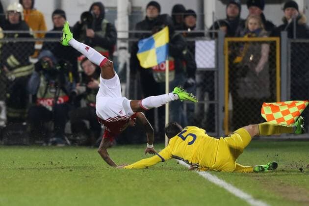 March 9, 2017 - Rostov-On-Don, Russia - Ashley Young (L) of FC Manchester United ManU and Denis Terentyev of FC Rostov vie for the ball during the UEFA Europa League Round of 16, first leg between FC Manchester United and FC Rostov, at Olimp 2 Stadium in Rostov-on-Don, Russia on March 9, 2017. FK Rostov v Manchester United - UEFA Europa League Round of 16: First Leg  - ZUMAn230 20170309_zaa_n230_249 Copyright: xIgorxRussakx