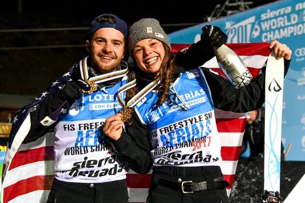 SNOWBOARD, FREESTYLE SKIING - FIS WC 2017 SIERRA NEVADA,SPAIN,10.MAR.17 - SNOWBOARD, FREESTYLE SKIING - FIS Freestyle Ski and Snowboard World Championships, free ski aerials, men ladies final, award ceremony. Image shows the rejoicing of Jonathon Lillis and Ashley Caldwell (USA). Keywords: medal. GEPAxpictures xOliverxLerch