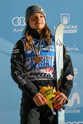 SNOWBOARD, FREESTYLE SKIING - FIS WC 2017 SIERRA NEVADA,SPAIN,10.MAR.17 - SNOWBOARD, FREESTYLE SKIING - FIS Freestyle Ski and Snowboard World Championships, free ski aerials, men ladies final, award ceremony. Image shows winner Ashley Caldwell (USA). GEPAxpictures xOliverxLerch