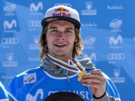 SNOWBOARD, FREESTYLE SKIING - FIS WC 2017 SIERRA NEVADA,SPAIN,11.MAR.17 - SNOWBOARDING - FIS Freestyle Ski and Snowboard World Championships, snowboard slopestyle, finals, men ladies, award ceremony. Image shows Seppe Smits (BEL) with his gold-medal. GEPAxpictures xOliverxLerch