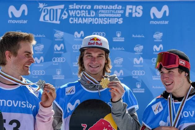 SNOWBOARD, FREESTYLE SKIING - FIS WC 2017 SIERRA NEVADA,SPAIN,11.MAR.17 - SNOWBOARDING - FIS Freestyle Ski and Snowboard World Championships, snowboard slopestyle, finals, men ladies, award ceremony. Image shows Nicolas Huber (SUI), Seppe Smits (BEL) and Chris Corning (USA). Keywords: medal. GEPAxpictures xOliverxLerch