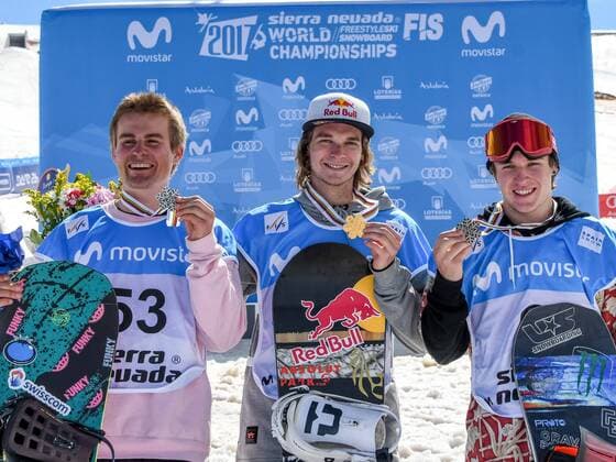 SNOWBOARD, FREESTYLE SKIING - FIS WC 2017 SIERRA NEVADA,SPAIN,11.MAR.17 - SNOWBOARDING - FIS Freestyle Ski and Snowboard World Championships, snowboard slopestyle, finals, men ladies, award ceremony. Image shows Nicolas Huber (SUI), Seppe Smits (BEL) and Chris Corning (USA). Keywords: medal. GEPAxpictures xOliverxLerch