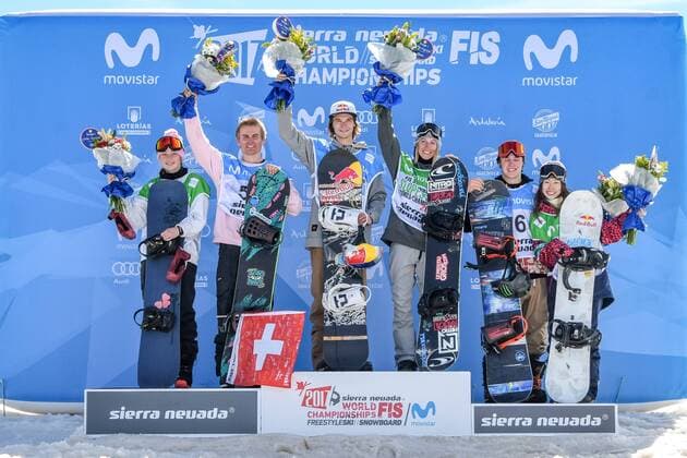 SNOWBOARD, FREESTYLE SKIING - FIS WC 2017 SIERRA NEVADA,SPAIN,11.MAR.17 - SNOWBOARDING - FIS Freestyle Ski and Snowboard World Championships, snowboard slopestyle, finals, men ladies, award ceremony. Image shows Zoi Sadowski Synnott (NZL), Nicolas Huber (SUI), Seppe Smits (BEL), Laurie Blouin (CAN), Chris Corning (USA) and Miyabi Onitsuka (JPN). GEPAxpictures xOliverxLerch