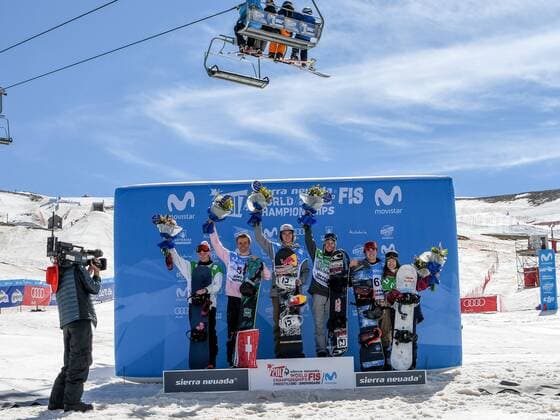 SNOWBOARD, FREESTYLE SKIING - FIS WC 2017 SIERRA NEVADA,SPAIN,11.MAR.17 - SNOWBOARDING - FIS Freestyle Ski and Snowboard World Championships, snowboard slopestyle, finals, men ladies, award ceremony. Image shows Zoi Sadowski Synnott (NZL), Nicolas Huber (SUI), Seppe Smits (BEL), Laurie Blouin (CAN), Chris Corning (USA) and Miyabi Onitsuka (JPN). GEPAxpictures xOliverxLerch
