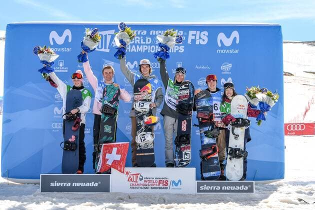 SNOWBOARD, FREESTYLE SKIING - FIS WC 2017 SIERRA NEVADA,SPAIN,11.MAR.17 - SNOWBOARDING - FIS Freestyle Ski and Snowboard World Championships, snowboard slopestyle, finals, men ladies, award ceremony. Image shows Zoi Sadowski Synnott (NZL), Nicolas Huber (SUI), Seppe Smits (BEL), Laurie Blouin (CAN), Chris Corning (USA) and Miyabi Onitsuka (JPN). GEPAxpictures xOliverxLerch