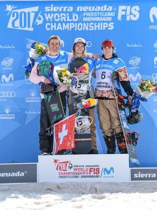 SNOWBOARD, FREESTYLE SKIING - FIS WC 2017 SIERRA NEVADA,SPAIN,11.MAR.17 - SNOWBOARDING - FIS Freestyle Ski and Snowboard World Championships, snowboard slopestyle, finals, men ladies, award ceremony. Image shows the mens podium: Nicolas Huber (SUI), Seppe Smits (BEL) and Chris Corning (USA). GEPAxpictures xOliverxLerch