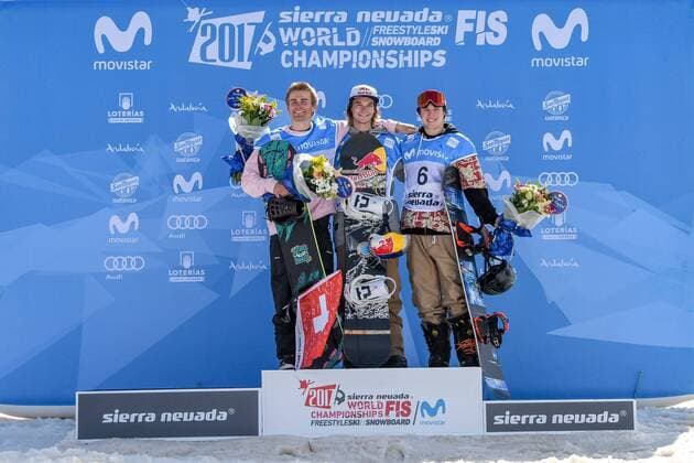 SNOWBOARD, FREESTYLE SKIING - FIS WC 2017 SIERRA NEVADA,SPAIN,11.MAR.17 - SNOWBOARDING - FIS Freestyle Ski and Snowboard World Championships, snowboard slopestyle, finals, men ladies, award ceremony. Image shows the mens podium: Nicolas Huber (SUI), Seppe Smits (BEL) and Chris Corning (USA). GEPAxpictures xOliverxLerch
