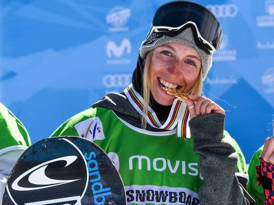 SNOWBOARD, FREESTYLE SKIING - FIS WC 2017 SIERRA NEVADA,SPAIN,11.MAR.17 - SNOWBOARDING - FIS Freestyle Ski and Snowboard World Championships, snowboard slopestyle, men ladies, award ceremony. Image shows Laurie Blouin (CAN). Keywords: medal. GEPAxpictures xOliverxLerch