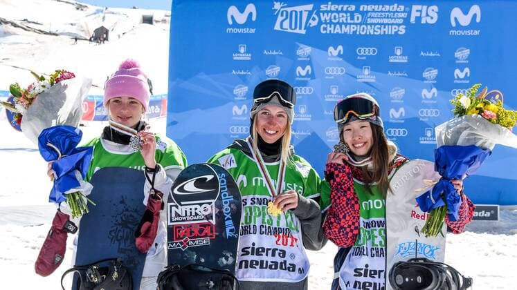 SNOWBOARD, FREESTYLE SKIING - FIS WC 2017 SIERRA NEVADA,SPAIN,11.MAR.17 - SNOWBOARDING - FIS Freestyle Ski and Snowboard World Championships, snowboard slopestyle, finals, men ladies, award ceremony. Image shows Zoi Sadowski Synnott (NZL), Laurie Blouin (CAN) and Miyabi Onitsuka (JPN). Keywords: medal. GEPAxpictures xOliverxLerch