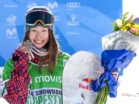 SNOWBOARD, FREESTYLE SKIING - FIS WC 2017 SIERRA NEVADA,SPAIN,11.MAR.17 - SNOWBOARDING - FIS Freestyle Ski and Snowboard World Championships, snowboard slopestyle, finals, men ladies, award ceremony. Image shows Miyabi Onitsuka (JPN). Keywords: medal. GEPAxpictures xOliverxLerch