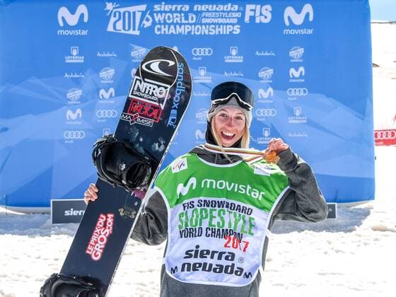 SNOWBOARD, FREESTYLE SKIING - FIS WC 2017 SIERRA NEVADA,SPAIN,11.MAR.17 - SNOWBOARDING - FIS Freestyle Ski and Snowboard World Championships, snowboard slopestyle, finals, men ladies, award ceremony. Image shows Laurie Blouin (CAN). Keywords: medal. GEPAxpictures xOliverxLerch