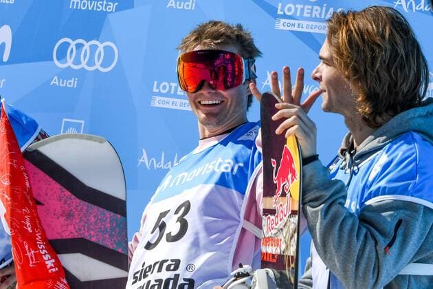 SNOWBOARD, FREESTYLE SKIING - FIS WC 2017 SIERRA NEVADA,SPAIN,11.MAR.17 - SNOWBOARDING - FIS Freestyle Ski and Snowboard World Championships, snowboard slopestyle, finals, men ladies. Image shows the rejoicing of Nicolas Huber (SUI) and Seppe Smits (BEL). GEPAxpictures xOliverxLerch