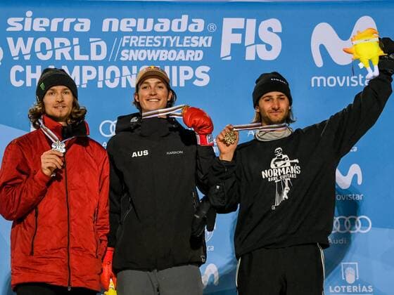 SNOWBOARD, FREESTYLE SKIING - FIS WC 2017 SIERRA NEVADA,SPAIN,11.MAR.17 - SNOWBOARDING - FIS Freestyle Ski and Snowboard World Championships, snowboard halfpipe, finals, men ladies, award ceremony. Image shows the podium of the men: Iouri Podlatchikov (SUI), Scotty James (AUS) and Patrick Burgener (SUI) with their medals. GEPAxpictures xOliverxLerch