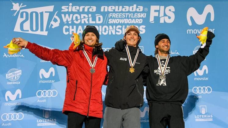 SNOWBOARD, FREESTYLE SKIING - FIS WC 2017 SIERRA NEVADA,SPAIN,11.MAR.17 - SNOWBOARDING - FIS Freestyle Ski and Snowboard World Championships, snowboard halfpipe, finals, men ladies, award ceremony. Image shows the podium of the men: Iouri Podlatchikov (SUI), Scotty James (AUS) and Patrick Burgener (SUI). GEPAxpictures xOliverxLerch