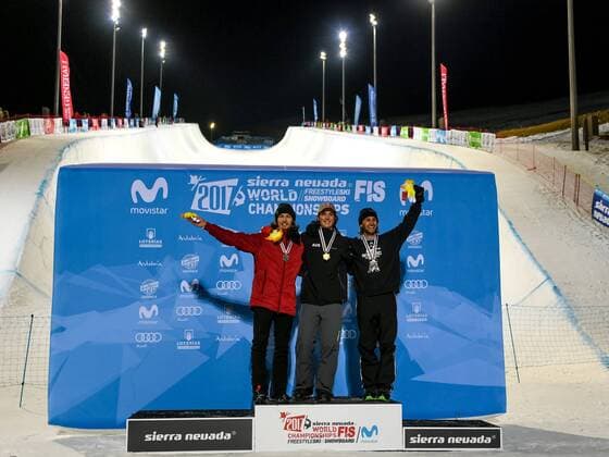 SNOWBOARD, FREESTYLE SKIING - FIS WC 2017 SIERRA NEVADA,SPAIN,11.MAR.17 - SNOWBOARDING - FIS Freestyle Ski and Snowboard World Championships, snowboard halfpipe, finals, men ladies, award ceremony. Image shows the podium of the men: Iouri Podlatchikov (SUI), Scotty James (AUS) and Patrick Burgener (SUI). GEPAxpictures xOliverxLerch