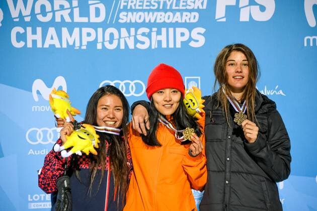 SNOWBOARD, FREESTYLE SKIING - FIS WC 2017 SIERRA NEVADA,SPAIN,11.MAR.17 - SNOWBOARDING - FIS Freestyle Ski and Snowboard World Championships, snowboard halfpipe, finals, ladies, award ceremony. Image shows the podium of the ladies: Haruna Matsumoto (JPN), Xuetong Cai (CHN) and Clemence Grimal (FRA). Keywords: medals. GEPAxpictures xOliverxLerch