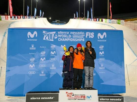 SNOWBOARD, FREESTYLE SKIING - FIS WC 2017 SIERRA NEVADA,SPAIN,11.MAR.17 - SNOWBOARDING - FIS Freestyle Ski and Snowboard World Championships, snowboard halfpipe, finals, ladies, award ceremony. Image shows the podium of the ladies: Haruna Matsumoto (JPN), Xuetong Cai (CHN) and Clemence Grimal (FRA). Keywords: medals. GEPAxpictures xOliverxLerch