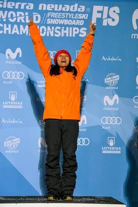 SNOWBOARD, FREESTYLE SKIING - FIS WC 2017 SIERRA NEVADA,SPAIN,11.MAR.17 - SNOWBOARDING - FIS Freestyle Ski and Snowboard World Championships, snowboard halfpipe, finals, ladies, award ceremony. Image shows the rejoicing of Xuetong Cai (CHN). GEPAxpictures xOliverxLerch