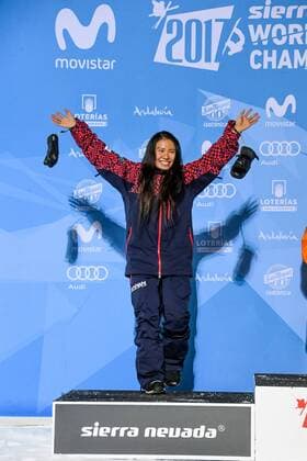 SNOWBOARD, FREESTYLE SKIING - FIS WC 2017 SIERRA NEVADA,SPAIN,11.MAR.17 - SNOWBOARDING - FIS Freestyle Ski and Snowboard World Championships, snowboard halfpipe, finals, ladies, award ceremony. Image shows the rejoicing of Haruna Matsumoto (JPN). GEPAxpictures xOliverxLerch
