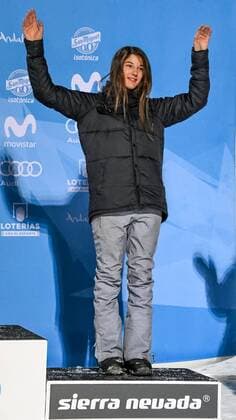 SNOWBOARD, FREESTYLE SKIING - FIS WC 2017 SIERRA NEVADA,SPAIN,11.MAR.17 - SNOWBOARDING - FIS Freestyle Ski and Snowboard World Championships, snowboard halfpipe, finals, ladies, award ceremony. Image shows the rejoicing of Clemence Grimal (FRA) GEPAxpictures xOliverxLerch