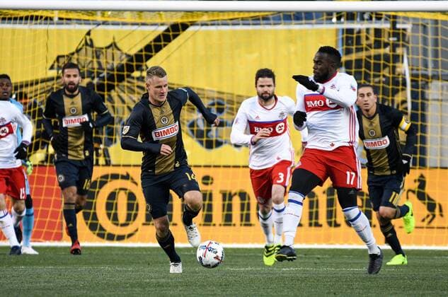 March 11, 2017 - Chester, Pennsylvania, U.S - Philadelphia Union s FABIAN HERBERS, (14) pushes the ball down field against Toronto s JOZY ALTIDORE, (17) and DREW MOOR, (3) during the match held at Talen Energy Stadium in Chester Pa MLS Fussball Herren USA 2017 Union-0 Toronto FC-0 - ZUMArf1_ 20170311_zaf_rf1_013 Copyright: xRickyxFitchettx