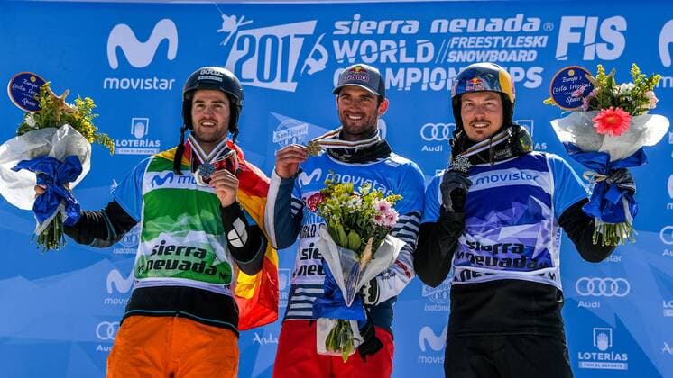 SNOWBOARD, FREESTYLE SKIING - FIS WC 2017 SIERRA NEVADA,SPAIN,12.MAR.17 - SNOWBOARDING - FIS Freestyle Ski and Snowboard World Championships, SBX, Snowboard Cross, final, ladies men, award ceremony. Image shows Lucas Eguibar (ESP), Pierre Vaultier (FRA) and Alex Pullin (AUS). Keywords: medal. GEPAxpictures xOliverxLerch