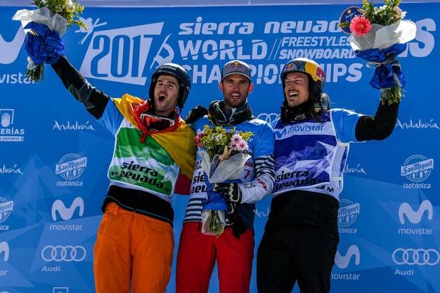 SNOWBOARD, FREESTYLE SKIING - FIS WC 2017 SIERRA NEVADA,SPAIN,12.MAR.17 - SNOWBOARDING - FIS Freestyle Ski and Snowboard World Championships, SBX, Snowboard Cross, final, ladies men, award ceremony. Image shows Lucas Eguibar (ESP), Pierre Vaultier (FRA) and Alex Pullin (AUS). GEPAxpictures xOliverxLerch