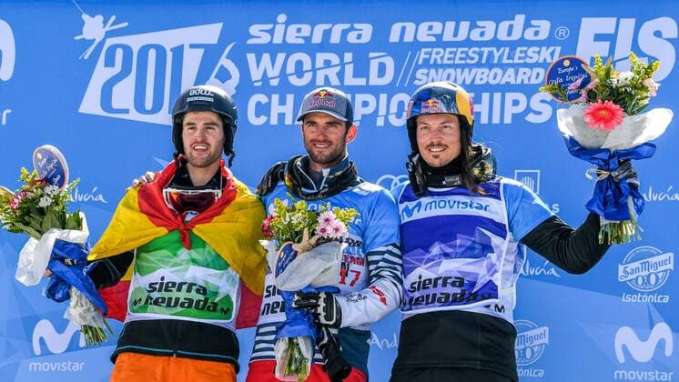 SNOWBOARD, FREESTYLE SKIING - FIS WC 2017 SIERRA NEVADA,SPAIN,12.MAR.17 - SNOWBOARDING - FIS Freestyle Ski and Snowboard World Championships, SBX, Snowboard Cross, final, ladies menaward ceremony. Image shows Lucas Eguibar (ESP), Pierre Vaultier (FRA) and Alex Pullin (AUS). GEPAxpictures xOliverxLerch