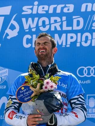 SNOWBOARD, FREESTYLE SKIING - FIS WC 2017 SIERRA NEVADA,SPAIN,12.MAR.17 - SNOWBOARDING - FIS Freestyle Ski and Snowboard World Championships, SBX, Snowboard Cross, final, ladies men, award ceremony. Image shows the emotions of Pierre Vaultier (FRA). GEPAxpictures xOliverxLerch
