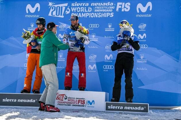SNOWBOARD, FREESTYLE SKIING - FIS WC 2017 SIERRA NEVADA,SPAIN,12.MAR.17 - SNOWBOARDING - FIS Freestyle Ski and Snowboard World Championships, SBX, Snowboard Cross, final, ladies men, award ceremony. Image shows king Felipe VI (ESP), Lucas Eguibar (ESP), Pierre Vaultier (FRA and Alex Pullin (AUS). GEPAxpictures xOliverxLerch
