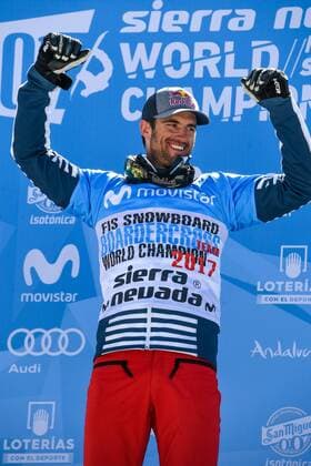 SNOWBOARD, FREESTYLE SKIING - FIS WC 2017 SIERRA NEVADA,SPAIN,12.MAR.17 - SNOWBOARDING - FIS Freestyle Ski and Snowboard World Championships, SBX, Snowboard Cross, final, ladies men, award ceremony. Image shows the rejoicing of Pierre Vaultier (FRA). GEPAxpictures xOliverxLerch