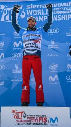 SNOWBOARD, FREESTYLE SKIING - FIS WC 2017 SIERRA NEVADA,SPAIN,12.MAR.17 - SNOWBOARDING - FIS Freestyle Ski and Snowboard World Championships, SBX, Snowboard Cross, final, ladies men, award ceremony. Image shows the rejoicing of Pierre Vaultier (FRA). GEPAxpictures xOliverxLerch