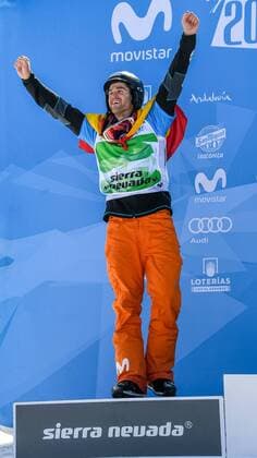 SNOWBOARD, FREESTYLE SKIING - FIS WC 2017 SIERRA NEVADA,SPAIN,12.MAR.17 - SNOWBOARDING - FIS Freestyle Ski and Snowboard World Championships, SBX, Snowboard Cross, final, ladies men, award ceremony. Image shows the rejoicing of Lucas Eguibar (ESP). GEPAxpictures xOliverxLerch