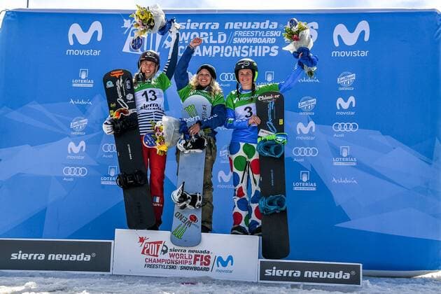 SNOWBOARD, FREESTYLE SKIING - FIS WC 2017 SIERRA NEVADA,SPAIN,12.MAR.17 - SNOWBOARDING - FIS Freestyle Ski and Snowboard World Championships, SBX, Snowboard Cross, final, ladies men, award ceremony. Image shows Chloe Trespeuch (FRA), Lindsey Jacobellis (USA) and Michela Moioli (ITA). GEPAxpictures xOliverxLerch