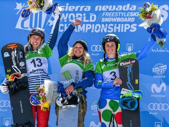 SNOWBOARD, FREESTYLE SKIING - FIS WC 2017 SIERRA NEVADA,SPAIN,12.MAR.17 - SNOWBOARDING - FIS Freestyle Ski and Snowboard World Championships, SBX, Snowboard Cross, final, ladies men, award ceremony. Image shows Chloe Trespeuch (FRA), Lindsey Jacobellis (USA) and Michela Moioli (ITA). GEPAxpictures xOliverxLerch