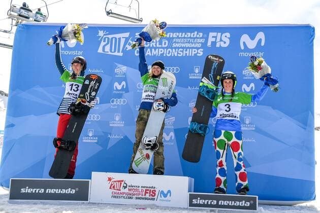 SNOWBOARD, FREESTYLE SKIING - FIS WC 2017 SIERRA NEVADA,SPAIN,12.MAR.17 - SNOWBOARDING - FIS Freestyle Ski and Snowboard World Championships, SBX, Snowboard Cross, final, ladies men, award ceremony. Image shows Chloe Trespeuch (FRA), Lindsey Jacobellis (USA) and Michela Moioli (ITA). GEPAxpictures xOliverxLerch