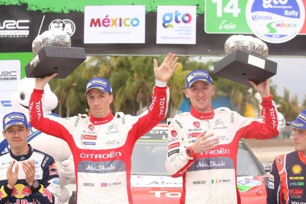 WRC, Meeke und Nagle gewinnen Rallye Mexiko CORRECTS CAPTION British pilot Kris Meeke (L) jubilates with his Irish copilot Paul Nagle after qualifying first at the 14th World Rally Championship of Mexico, in Leon, Guanajuato state, Mexico, 12 March 2017. 14TH WORLD RALLY CHAMPIONSHIP IN MEXICO !ACHTUNG: NUR REDAKTIONELLE NUTZUNG!  Copyright: xUlisesxRuizxBasurtox MEX002 20170312-636249581709096017