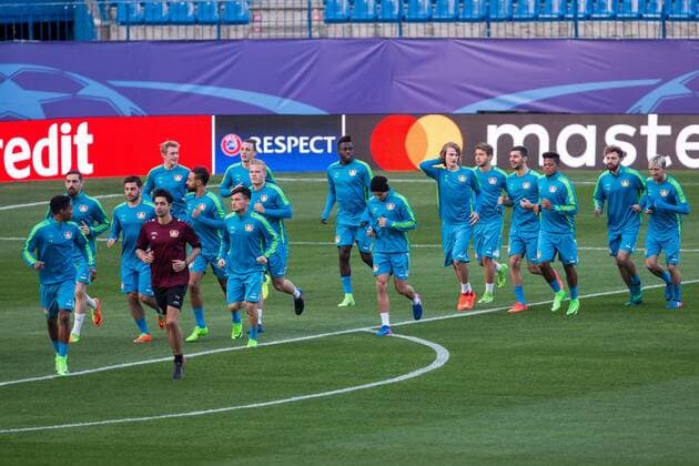 Javier Hernandez Chicharito, Hakan Calhanglu, Omer Toprak, Julian Brandt, Bernd Leno , Stefan Kiesling, Karim Bellarabi, Kevin Kampl, Jonathan Tah, Wendell, Benjamin Henrich, Charles Aranguiz, Kevin Volland, Admir Mehmedi, Lars Bender, Joel Pohjanpalo, Aleksandar Dragovic, Kai HAvertz, Tin Jedvaj, Danny da Costa during the training before the match of Uefa Champions League of Bayer Leverkusen at Vicente Calderon Stadium in Madrid, Spain. March 14, 2017.  (20170314048)