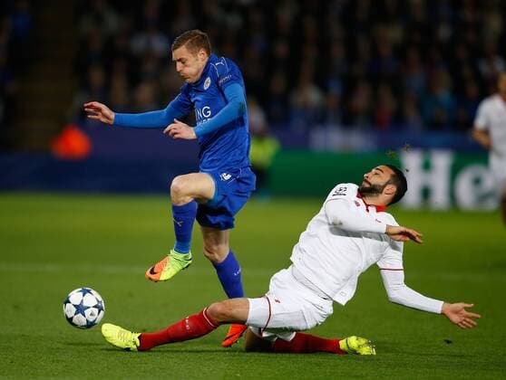 Jamie Vardy of Leicester City tackled by Adil Rami of Sevilla during the UEFA Champions League Round of 16 - 2nd Leg match at the King Power Stadium, Leicester. Picture date: March 14th 2017. Pic credit should read: Simon Bellis Sportimage EDITORIAL USE ONLY. No use with unauthorised audio, video, data, fixture lists, club league logos or live services. Online in-match use limited to 120 images, no video emulation. No use in betting, games or single club league player publications.