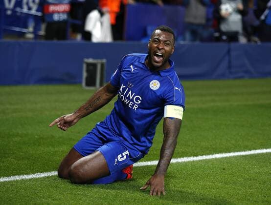 Wes Morgan of Leicester City celebrates scoring the first goal during the UEFA Champions League Round of 16 - 2nd Leg match at the King Power Stadium, Leicester. Picture date: March 14th 2017. Pic credit should read: Simon Bellis Sportimage EDITORIAL USE ONLY. No use with unauthorised audio, video, data, fixture lists, club league logos or live services. Online in-match use limited to 120 images, no video emulation. No use in betting, games or single club league player publications.