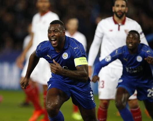 Wes Morgan of Leicester City celebrates scoring the first goal during the UEFA Champions League Round of 16 - 2nd Leg match at the King Power Stadium, Leicester. Picture date: March 14th 2017. Pic credit should read: Simon Bellis Sportimage EDITORIAL USE ONLY. No use with unauthorised audio, video, data, fixture lists, club league logos or live services. Online in-match use limited to 120 images, no video emulation. No use in betting, games or single club league player publications.