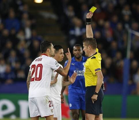 Samir Nasri of Sevilla argues against his yellow card during the UEFA Champions League Round of 16 - 2nd Leg match at the King Power Stadium, Leicester. Picture date: March 14th 2017. Pic credit should read: Simon Bellis Sportimage EDITORIAL USE ONLY. No use with unauthorised audio, video, data, fixture lists, club league logos or live services. Online in-match use limited to 120 images, no video emulation. No use in betting, games or single club league player publications.