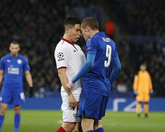 Samir Nasri of Sevilla headbutts Jamie Vardy of Leicester City and is sent off during the UEFA Champions League Round of 16 - 2nd Leg match at the King Power Stadium, Leicester. Picture date: March 14th 2017. Pic credit should read: Simon Bellis Sportimage EDITORIAL USE ONLY. No use with unauthorised audio, video, data, fixture lists, club league logos or live services. Online in-match use limited to 120 images, no video emulation. No use in betting, games or single club league player publications.