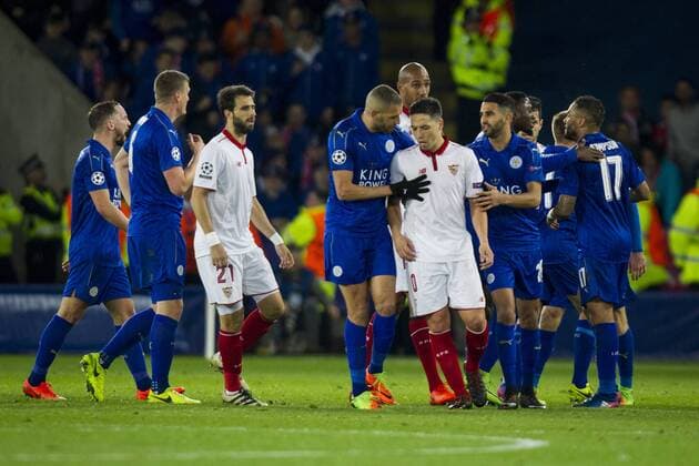 FuÃŸball, CL, Leicester City - FC Sevilla March 14th 2017, King Power Stadium, Leicester, England; UEFA Champions League Football 2nd Leg, Leicester City versus Seville; Samir Nasri of Sevilla is restrained after being sent off for a second bookable offence xGrahamxWilsonx  ActionPlus11856259