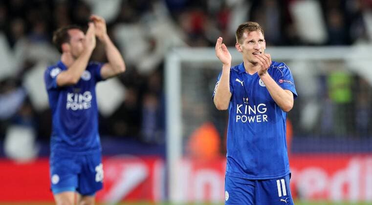 Fußball, CL, Leicester City - FC Sevilla Football - 2016 2017 UEFA Champions League - Round of Sixteen, Second Leg: Leicester City 1 vs. Sevilla 2 Marc Albrighton of Leicester City celebrates after the match at the King Power Stadium. 