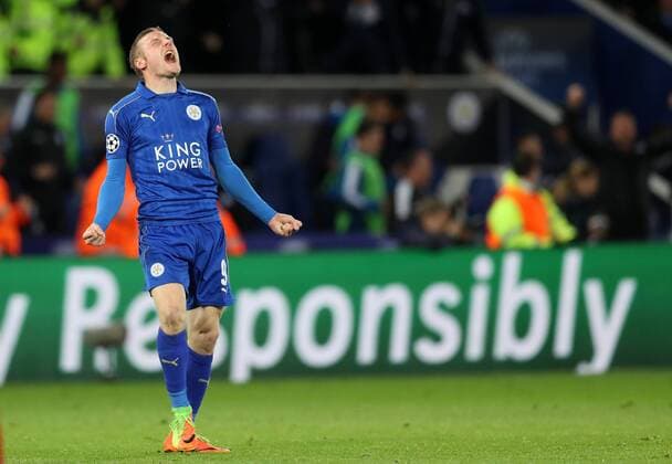 Fußball, CL, Leicester City - FC Sevilla Football - 2016 2017 UEFA Champions League - Round of Sixteen, Second Leg: Leicester City 1 vs. Sevilla 2 Jamie Vardy of Leicester City celebrates after the match at the King Power Stadium. 