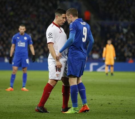 Samir Nasri of Sevilla headbutts Jamie Vardy of Leicester City and is sent off during the UEFA Champions League Round of 16 - 2nd Leg match at the King Power Stadium, Leicester. Picture date: March 14th 2017. Pic credit should read: Simon Bellis Sportimage EDITORIAL USE ONLY. No use with unauthorised audio, video, data, fixture lists, club league logos or live services. Online in-match use limited to 120 images, no video emulation. No use in betting, games or single club league player publications.